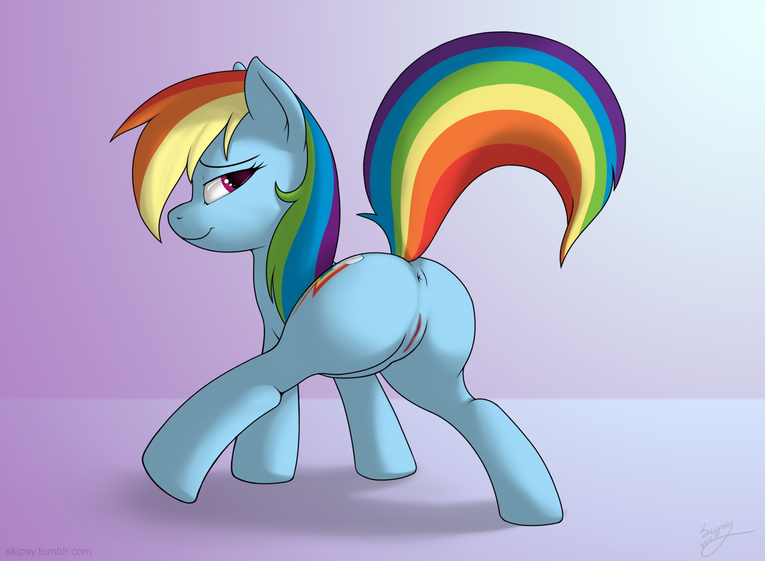2012 anus blue_body blue_fur butt cutie_mark e621 equid equine female feral friendship_is_magic fur genitals hair hasbro hi_res horse long_hair looking_at_viewer looking_back mammal multicolored_hair multicolored_tail my_little_pony pony presenting purple_eyes rainbow_dash_(mlp) rainbow_hair rainbow_tail raised_tail skipsy solo spread_legs spreading tail vulva