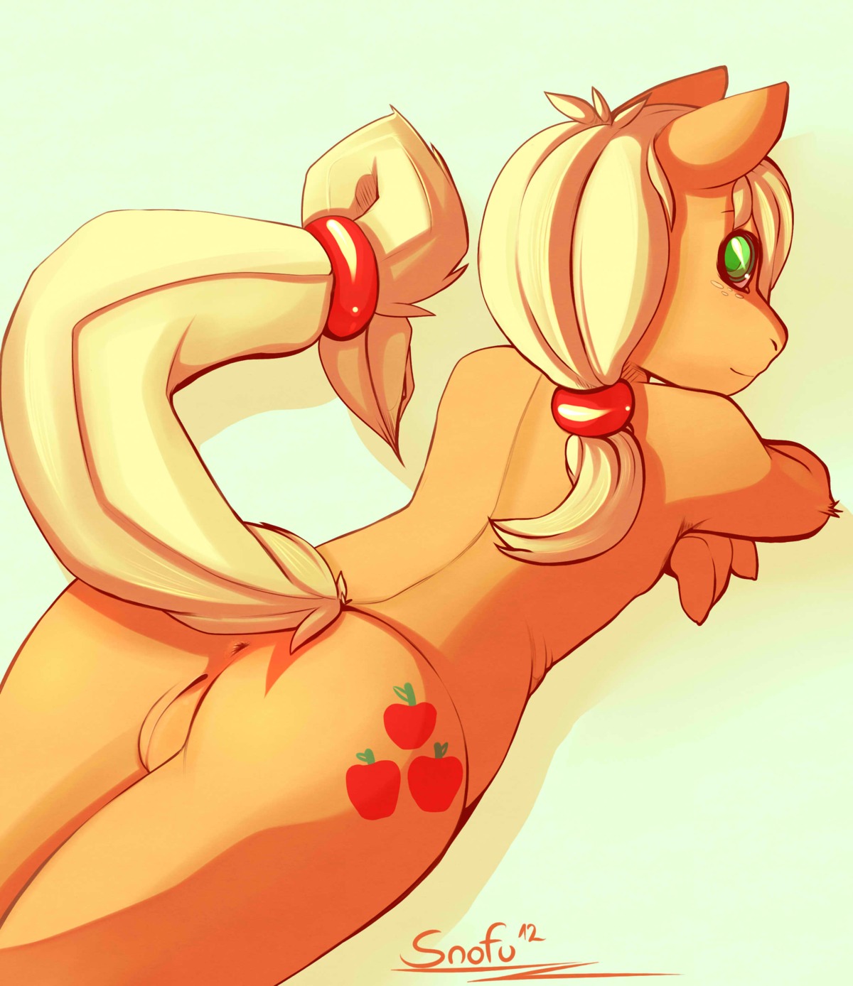 2012 absurd_res anthro anthrofied anus applejack_(mlp) biped blonde_hair butt cutie_mark digital_media_(artwork) e621 earth_pony equid equine female friendship_is_magic genitals green_eyes hair hasbro hi_res horse long_hair looking_at_viewer looking_back lying mammal my_little_pony nude on_front pony simple_background snofu solo tail vulva