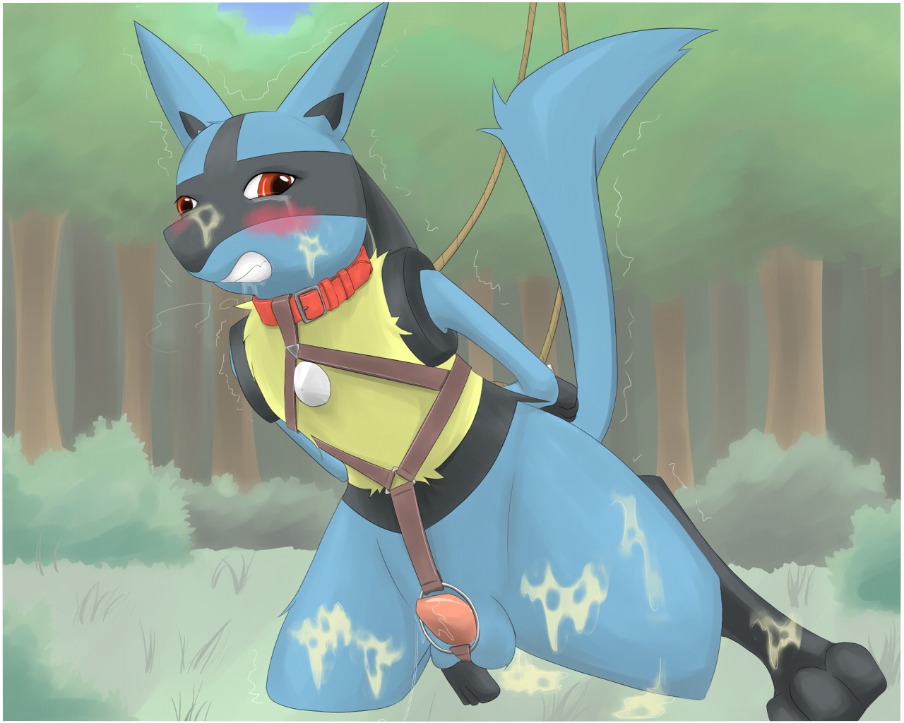 blush bound collar color cum day feral lucario male male_only outdoors penis pokemon pokemon_(species) rule34 solo tagme