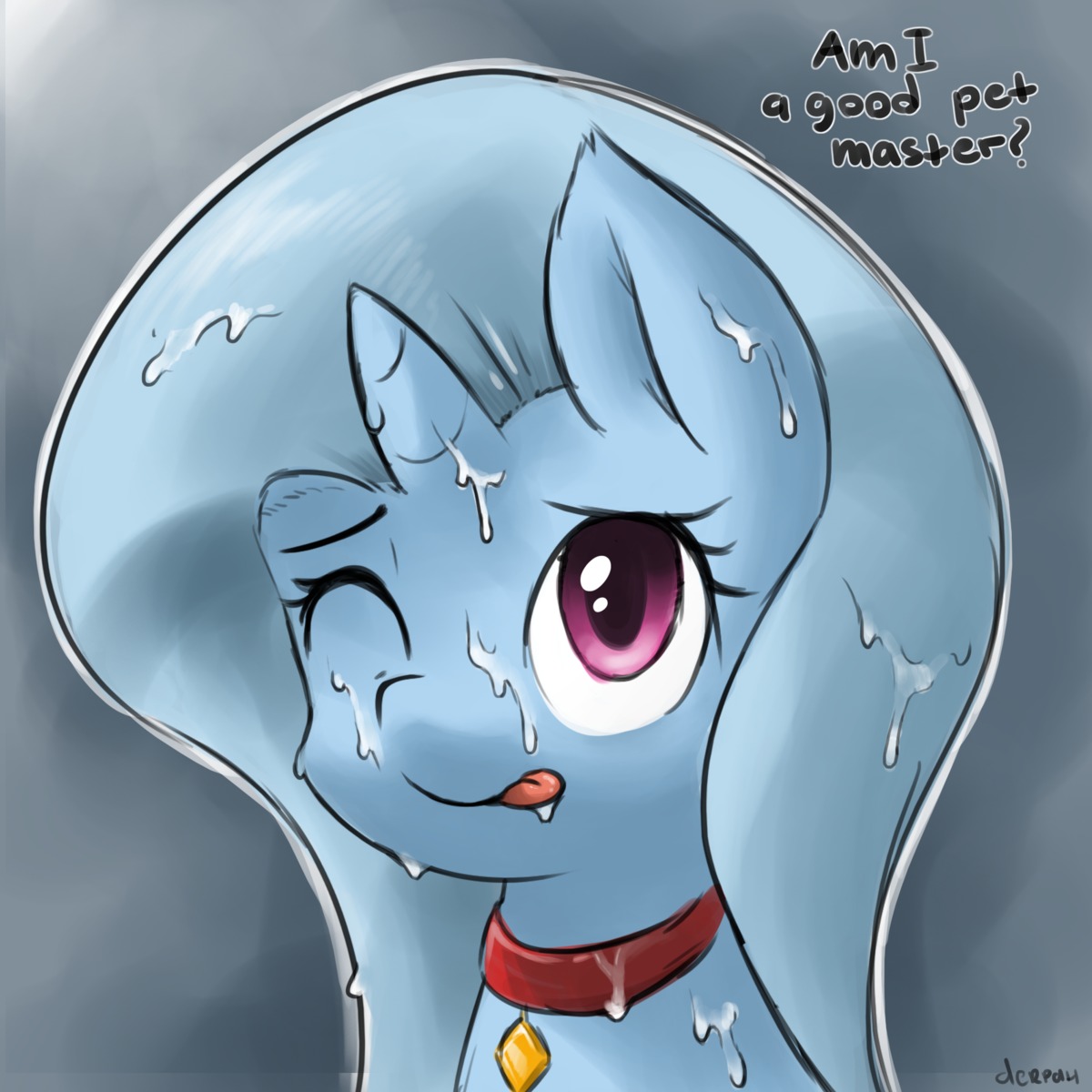 1:1 2014 bdsm blue_body blue_fur bodily_fluids collar cum cum_in_hair cum_on_face dialogue digital_media_(artwork) e621 english_text equid equine female feral friendship_is_magic fur genital_fluids hair hasbro hi_res horn mammal marblesoda master my_little_pony mythological_creature mythological_equine mythology one_eye_closed ownership petplay purple_eyes roleplay solo text tongue trixie_(mlp) unicorn