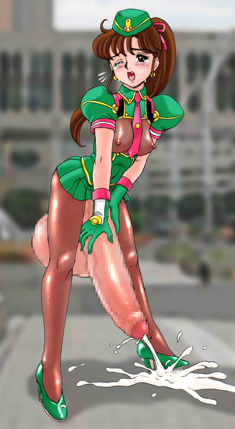 balls breasts brown_eyes brown_hair censored costume cum cumming ejaculation futanari gloves hair hair_ribbon hat high_heels huge_balls huge_cock huge_testicles intersex makita_aoi medium_breasts outdoors penis ponytail rule34 see-through tears testicles tie tied_hair