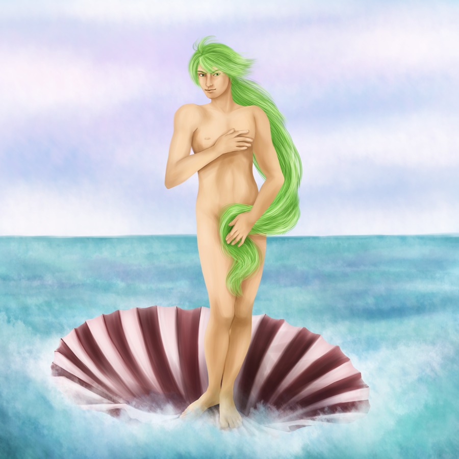 birth_of_venus black_adventures covering_chest covering_crotch fine_art_parody front_view green_hair human male male_only natural_harmonia_gropius pale_skin parody pokemon rule34 seashell shihfu solo standing tagme very_long_hair water