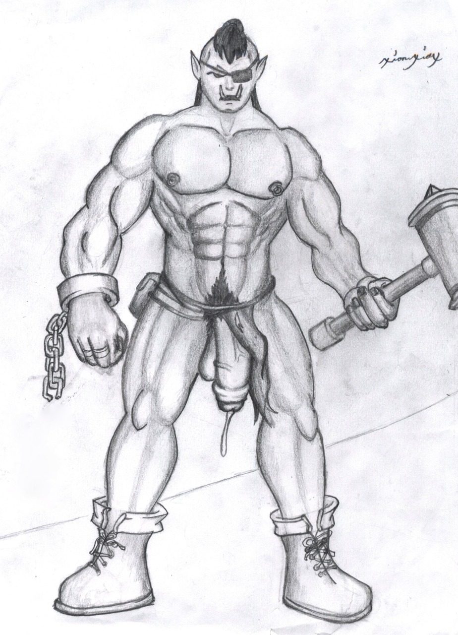 abs angry big_penis bodily_fluids boots bottomwear clothing cuff_(restraint) cum e621 eye_patch eyewear footwear foreskin front_view genital_fluids genitals glans greyscale half-erect hammer handcuffs hi_res humanoid humanoid_genitalia humanoid_penis humanoid_pointy_ears ineffective_clothing ineffective_loincloth loincloth male metal_cuffs monochrome monster muscular muscular_humanoid muscular_male nipples not_furry orc partially_retracted_foreskin pecs penis pointy_ears precum restraints scary shackles shoes solo tools tusks xionxiox