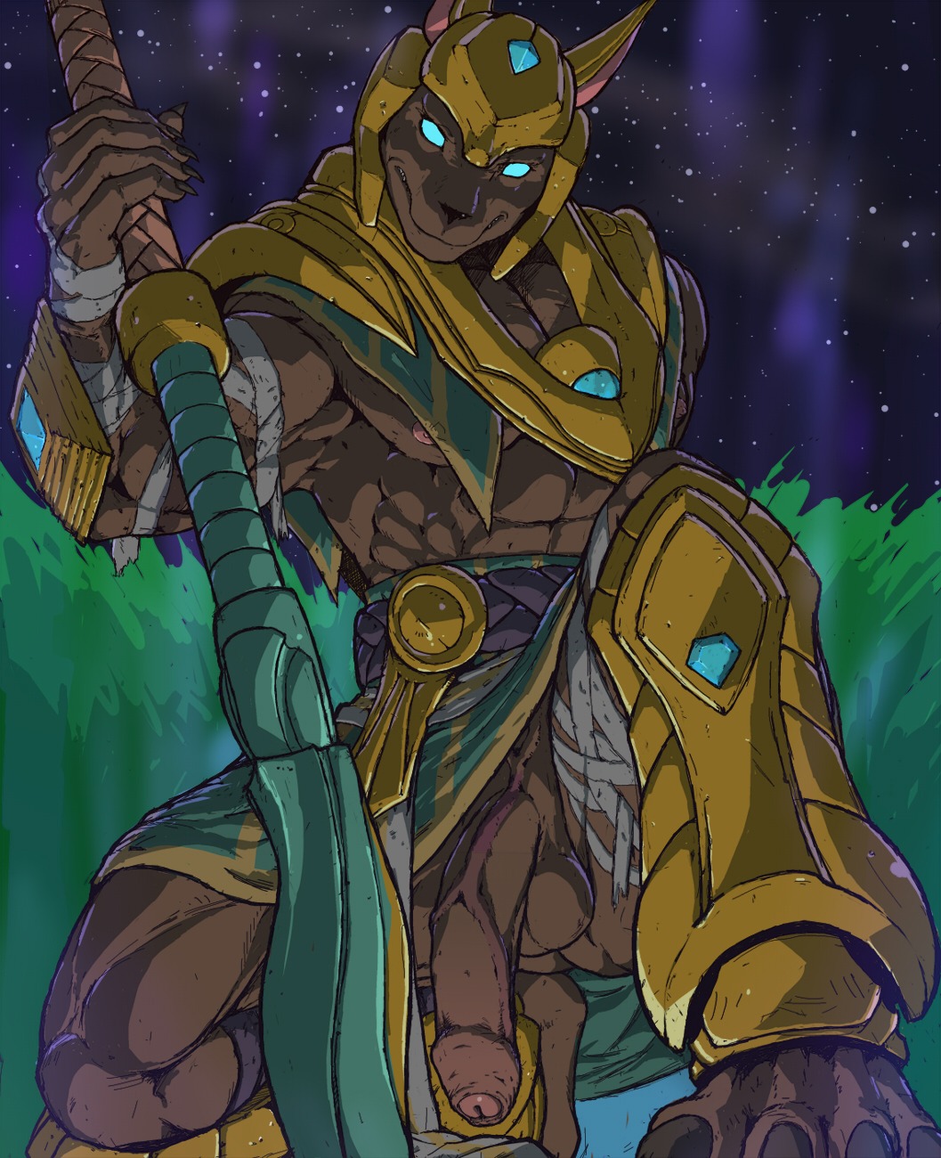 2014 5_fingers abs anthro anubian_jackal armor athletic balls bandage barefoot belt biceps big_penis biped blue_eyes bottomwear brown_body brown_fur butt canid canine canis claws clothed clothing crouching ducati e621 egyptian eyelashes feet fingers flaccid foreskin fur genitals glans glistening glowing glowing_eyes grasp grass grin hi_res humanoid_genitalia humanoid_penis jackal kilt kneeling league_of_legends long_penis looking_at_viewer male mammal manly muscular muscular_anthro muscular_male nasus_(lol) night nipples outside pecs penis plant pose presenting riot_games robe shadow sharp_teeth skirt sky smile solo star teeth tencent toe_claws topless vein veiny_penis