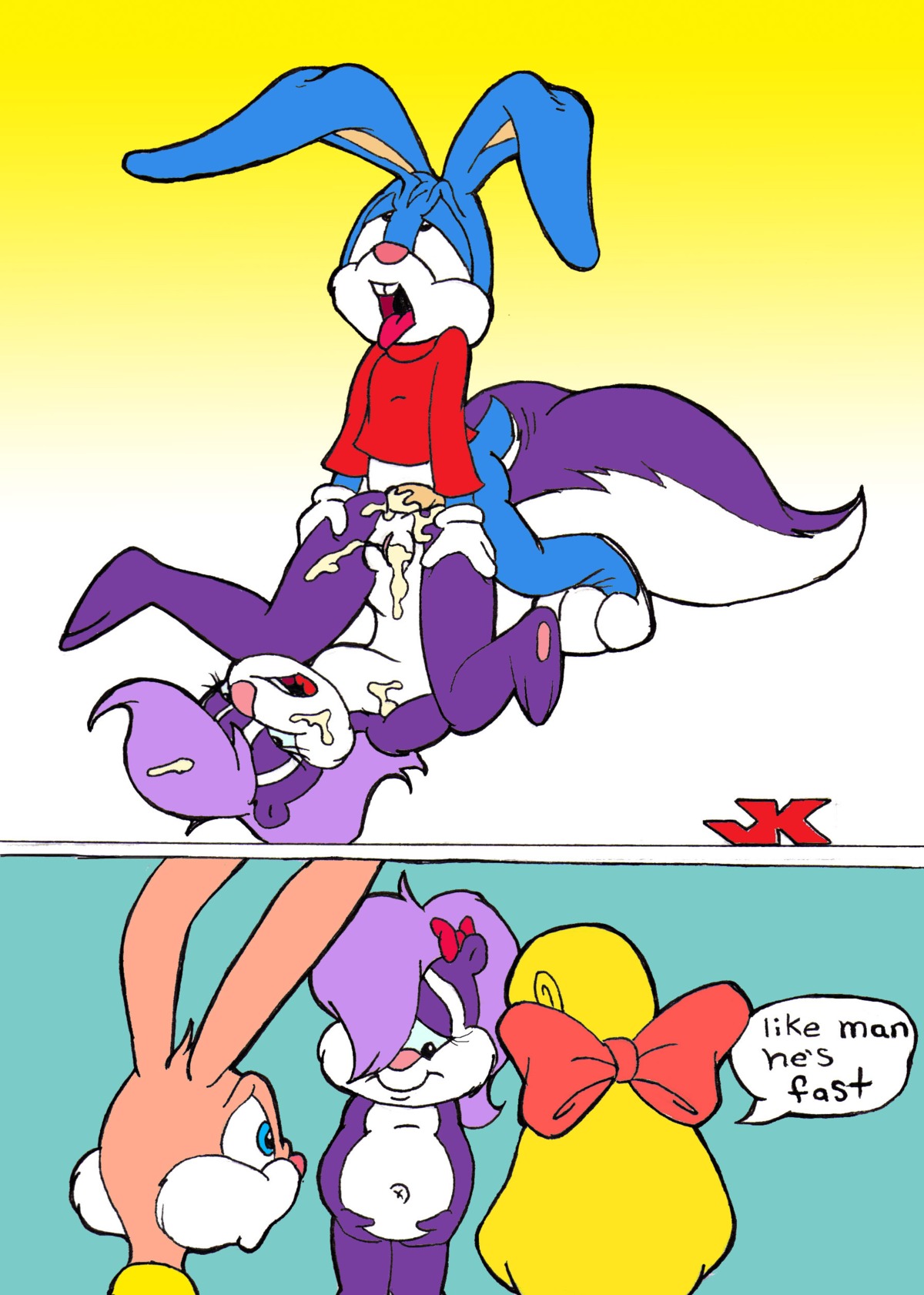 3girls anthro babs_bunny bird black_eyes blonde_hair blue_eyes blue_fur bunny buster_bunny duck female fifi_la_fume fur furry hair holding_belly jk loon male mammal mustelid nude pink_fur pregnant purple_fur rabbit rule34 shirley_the_loon skunk straight tiny_toon_adventures uncensored warner_brothers white_fur