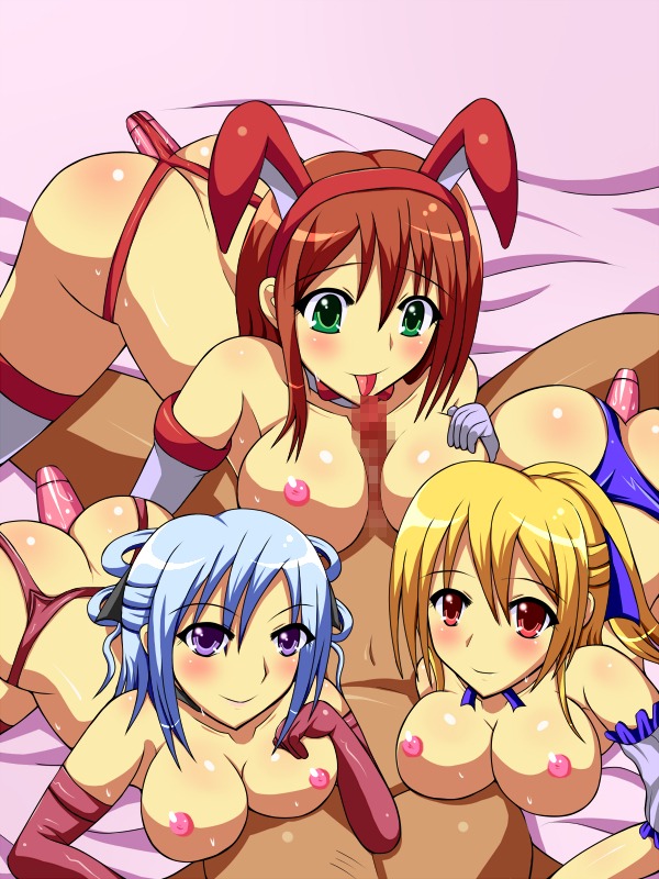 3girls age_difference anal animal_ear ass blush breasts bunny_ear censored dark-skinned_male dark_penis dark_skin dildo female gloves green_eyes high_heels interracial large_breasts male multiple_females paizuri penis rule34 smile straight