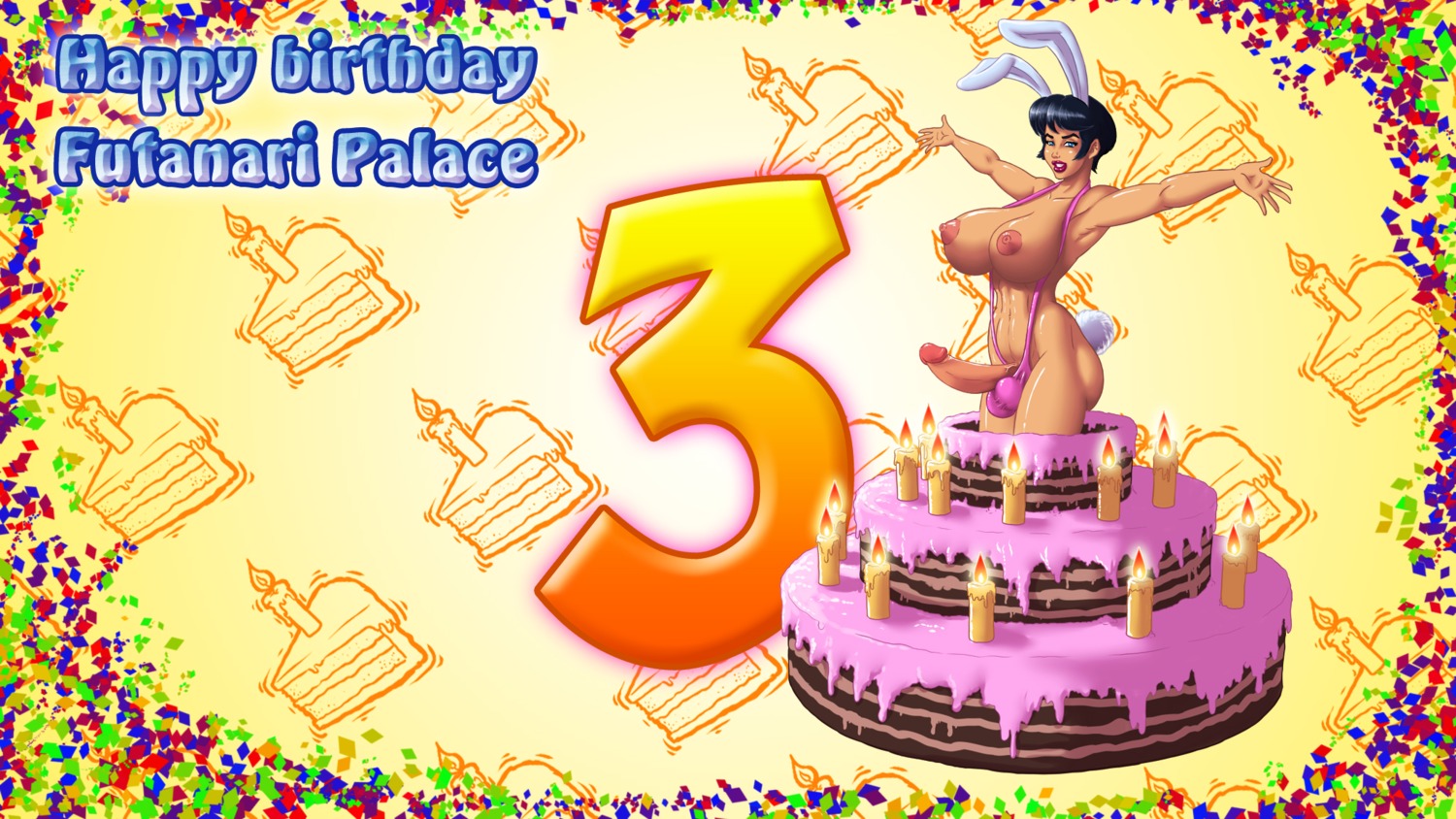black_hair breasts burning_candles cake candles food futanari gold_candles hair happy_birthday highres intersex rule34 short_hair tagme