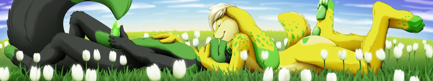 2013 absurd_res animal_genitalia anthro black_body black_fur butt canid canine citrus digital_media_(artwork) dipstick_tail duo e621 erection field fioryfox flower fox fur genitals glowing green_body green_fur green_nose hair hi_res kissing lagomorph leporid long_image male male/male mammal markings nude open_mouth outside paws penis plant rabbit romantic romantic_ambiance sheath shiuk spots tail tail_markings wide_image yellow_body yellow_fur
