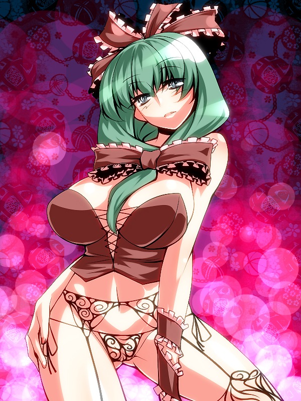 1girls bow breasts bustier corset female garter_belt green_hair kagiyama_hina large_breasts long_hair panties rule34 solo thighhighs touhou tro underwear