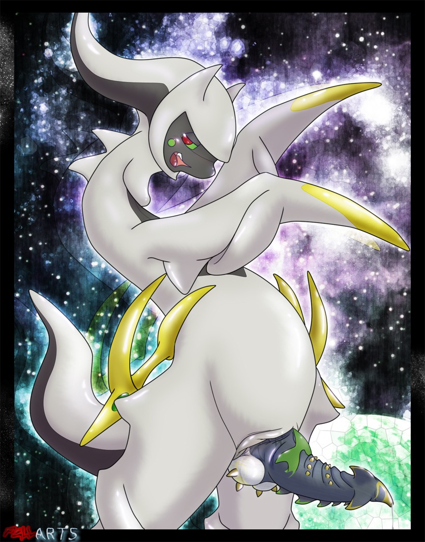 1boy arceus balls dragon fellarts feral gold half-closed_eyes male male_only male_pokemon nintendo penis pokemon red_eyes rule34 scalie solo solo_male space spikes spines