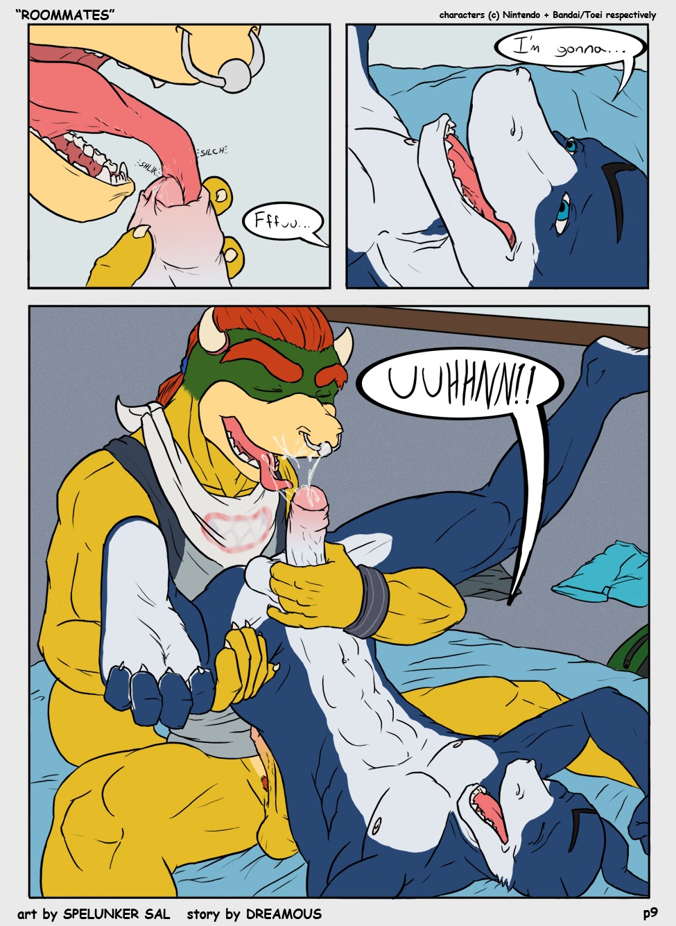 anthro anus balls bandai blush bowser_koopa_junior_(roommates) close-up comic couple cum cum_in_mouth cum_inside cumshot digimon dreamous_(writer) duo feet fellatio flamedramon gay giancarlo_rosato hi_res horn koopa male male/male male_only mario_(series) muscles nintendo nude oral oral_sex orgasm paws penis raised_tail roommates_(comic) rule34 scalie sex simple_background spelunker_sal straight_hair tail toned tongue tongue_out yaoi