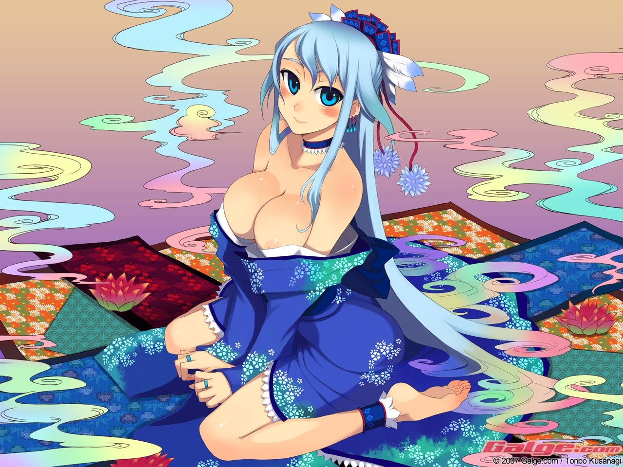 blue_hair blush breasts clothing female galge.com kimono kusanagi_tonbo long_hair open_clothes open_shirt rule34 shirt wallpaper