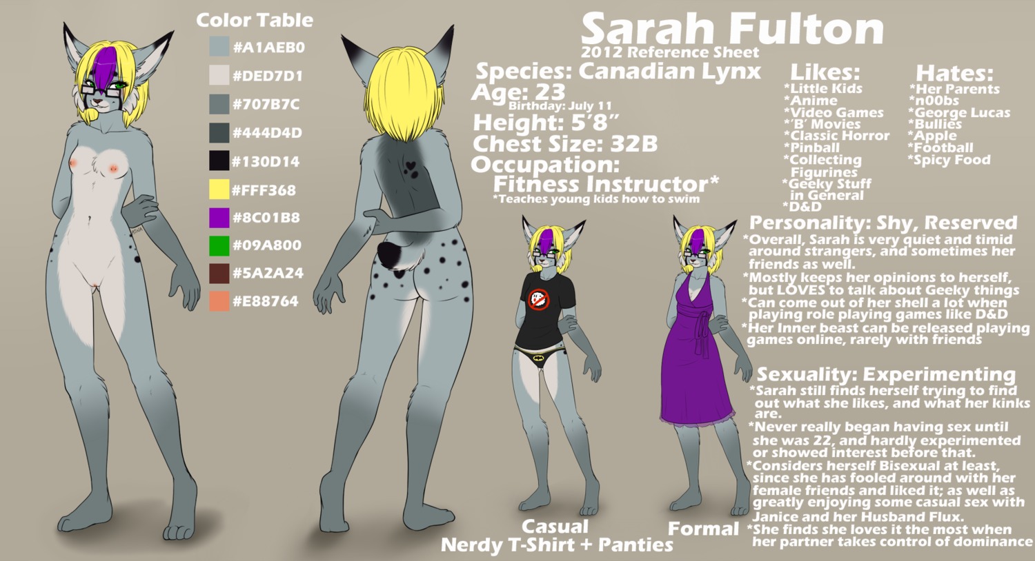 1girls 2012 ajna anthro arm_behind_back ass blonde_hair breasts canadian_lynx clothed dress english_text eyewear feline female female_only full_body fur furry glasses green_eyes lynx model_sheet multicolored_hair no_pants nude original panties plantigrade purple_hair pussy reference_sheet rule34 sarah_(darkduck64) short_hair simple_background skimpy small_breasts solo t-shirt text underwear