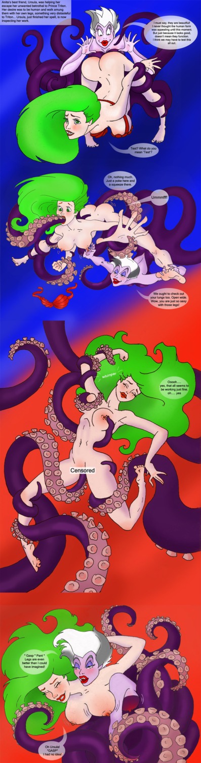 2girls after_transformation anthro artist_request blonde_hair bra_strap breasts comic consensual_tentacles dialogue disney female fish_humanoid former_mermaid human humanized large_breasts legs light-skinned_female light_skin lipstick merfolk mermaid monster_girl multiple_females multiple_girls nipples octopus post-transformation restrained rule34 seashell_bra seduced seduction short_hair tentacle tentacle_sex the_little_mermaid transformation ursula ursula_(the_little_mermaid) yuri
