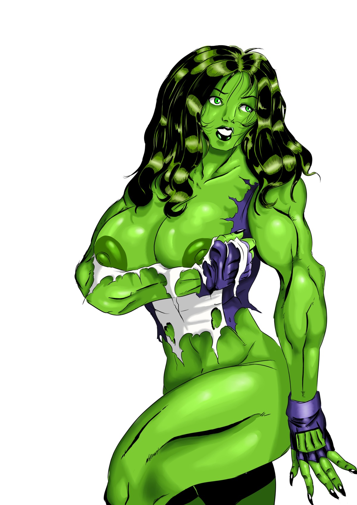 1girls avengers big_breasts breasts covering_breasts female female_only fingerless_gloves green_eyes green_hair green_skin hulk_(series) killrex large_breasts leotard long_fingernails marvel marvel_comics muscles muscular muscular_female nipples rule34 she-hulk solo torn_clothing white_background