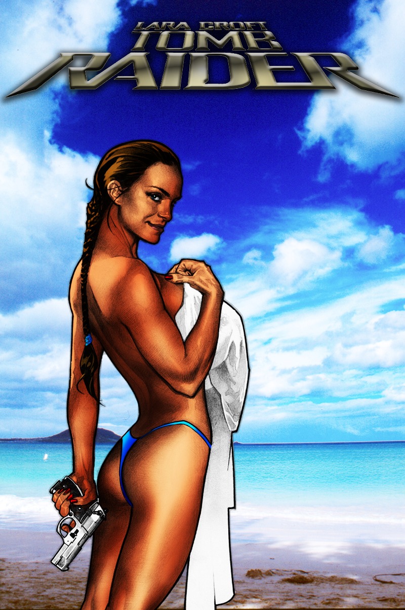 adam_hughes beach character_name copyright_name day female female_only gun holding_gun holding_object holding_weapon human lara_croft lara_croft_(classic) outdoors rule34 side_view sky solo standing tagme tan_skin text tomb_raider tomb_raider_(classic) topless
