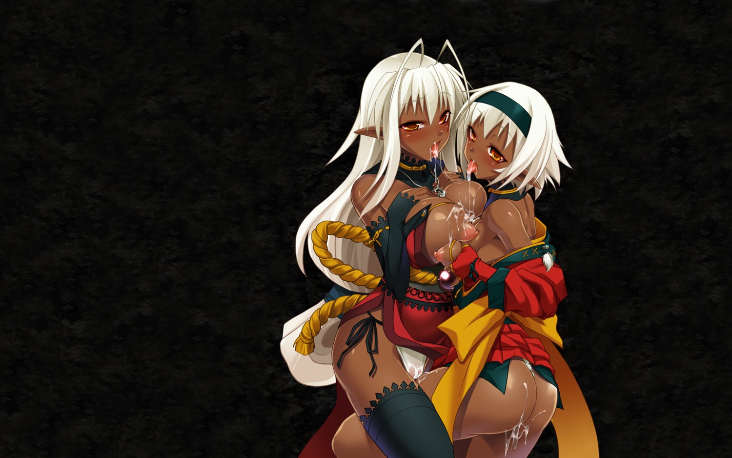 2girls ass breasts cum elf female kouki_kuu long_hair multiple_females multiple_girls nidaime_muramasa nitroplus orange_eyes panties rule34 sandaime_muramasa short_hair soukou_akki_muramasa thighhighs underwear white_hair yuri