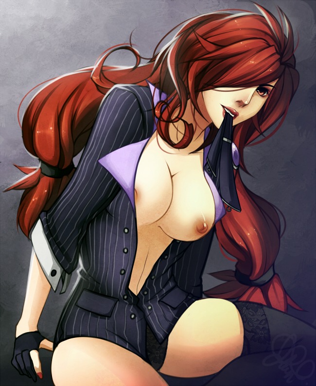 5-ish black_legwear black_panties breasts crime_city_miss_fortune debonair_series female fiveish gloves hair_over_one_eye league_of_legends long_hair miss_fortune nipples open_clothes panties pinstripe_pattern pinstripe_suit red_eyes red_hair rule34 suit thighhighs undressing