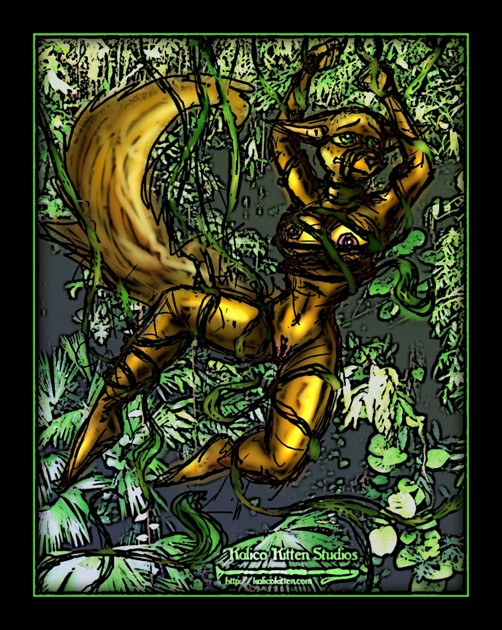 anthro barefoot black_nose bound breasts brown_fur color fara_phoenix female female_only fox front_view fur furry furry_breasts furry_ears furry_only furry_tail green_eyes nipples nude open_eyes pointy_ears pussy rule34 solo star_fox tail vine vulva