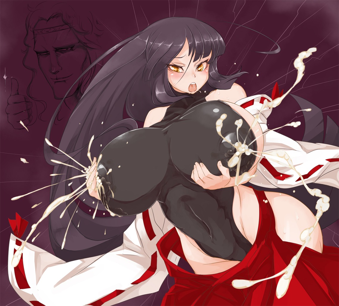 ahe_gao areolae bare_shoulders black_hair blush breast_hold breast_lift breasts bursting_breasts covering covering_breasts crossover detached_sleeves erect_nipples excessive_lactation female hakama hakama_pull hakurei_miko headband huge_breasts japanese_clothes lactation large_areolae leotard long_hair m.u.g.e.n mound_of_venus nipples nontraditional_miko open_mouth plump puffy_nipples rekise rule34 saliva sideboob sweat thumbs_up tight_clothes tight_clothing touhou very_long_hair wide_hips wide_sleeves yellow_eyes