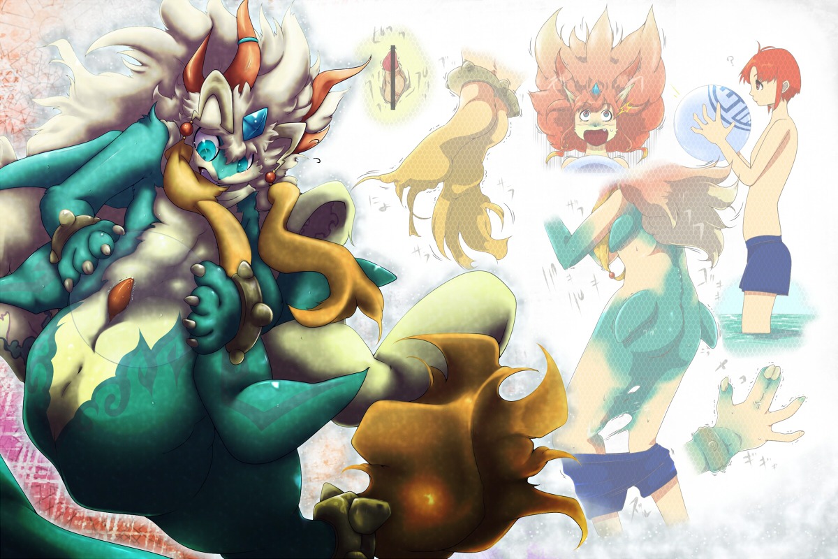 3:2 animal_genitalia anus aquatic ball bandai_namco censor_bar censored e621 genital_slit genitals horn human ineffective_censorship looking_down male mammal mao_(tales_of_rebirth) nken penis penis_tip shaorune simple_background solo standing tales_of_(series) tales_of_rebirth tapering_penis transformation unknown_species water what white_background