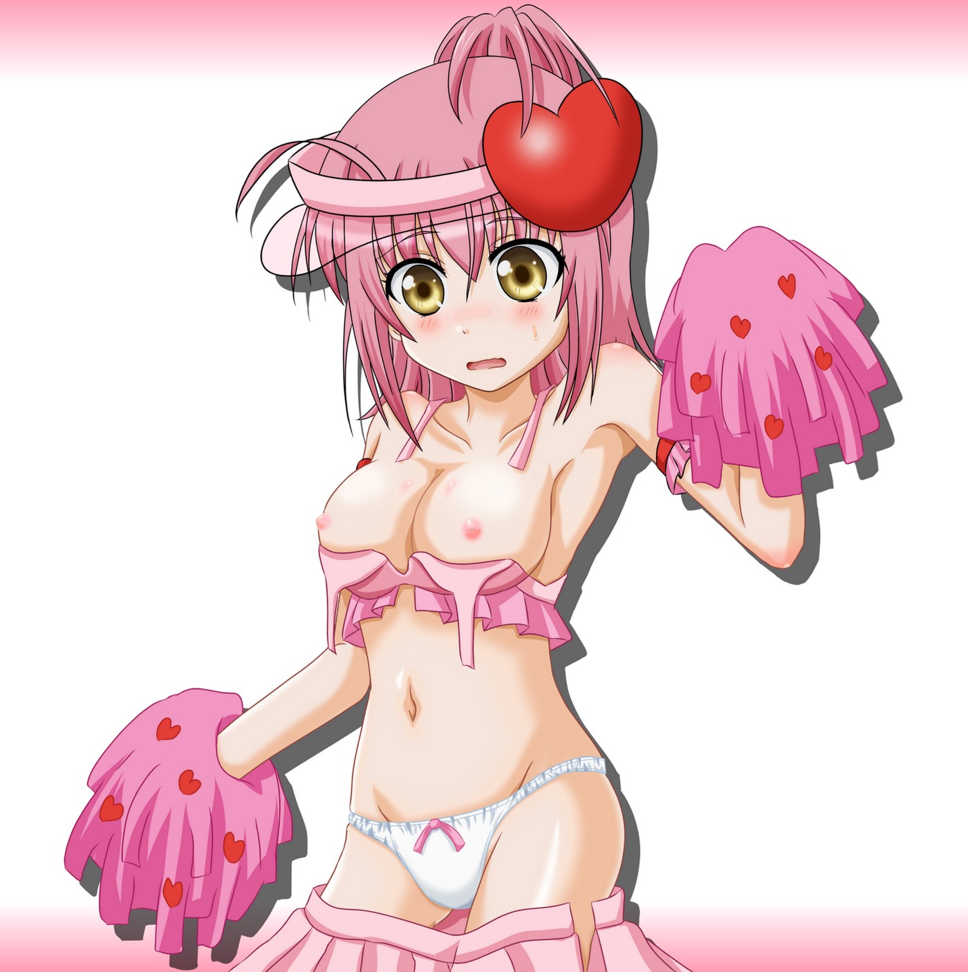 blush bow_panties breasts brown_eyes cheerleader female hinamori_amu medium_breasts navel open_mouth pink_hair pom_poms rule34 shugo_chara! tagme takumi_(rozen_garten) visor wardrobe_malfunction