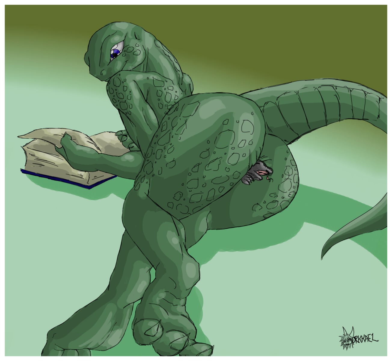 anal anal_penetration anal_vore anthro anus book border butt duo e621 feet female hi_res hindpaw lizard open_mouth orkkael paws penetration raised_tail reptile scalie tail tongue tongue_out vore white_border