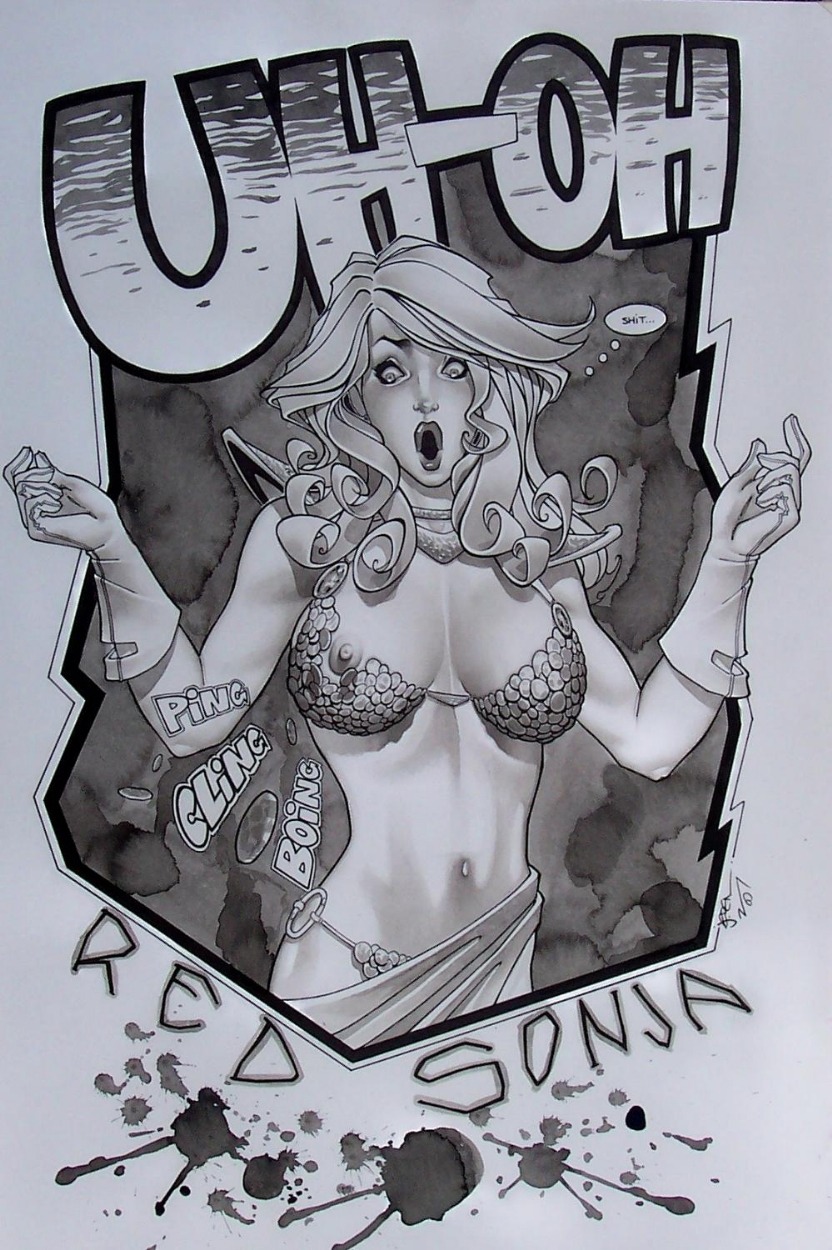 1girls armor artist_request big_breasts blood breasts broken_armor chainmail chainmail_bikini character_name clothing conan_the_barbarian_(series) english english_text female female_only front_view gloves greyscale long_hair marvel marvel_comics monochrome navel nipples onomatopoeia open_mouth red_sonja red_sonja_(comics) rule34 shoulder_pads solo straight_hair text thought_bubble wardrobe_malfunction wide_eyed