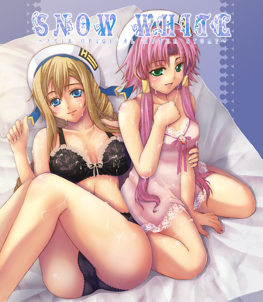 2d 2girls alicia_florence aria bed beret blonde_hair blue_eyes bra braid chemise cum cum_on_body female female_only fingernails green_eyes hat highres human human_female human_only lingerie long_hair looking_at_viewer lying lying_on_back mizunashi_akari multiple_females multiple_girls n_funiya nightgown no_visible_genitalia on_back panties pink_hair rule34 smile smiling_at_viewer underwear