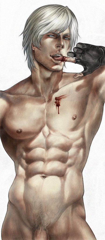 1boy abs artist_request black_gloves blood dante_(devil_may_cry) devil_may_cry devil_may_cry_(series) fingerless_gloves gloves male male_only muscles muscular nipples nude pecs penis realistic rule34 simple_background solo solo_male standing white_background white_hair