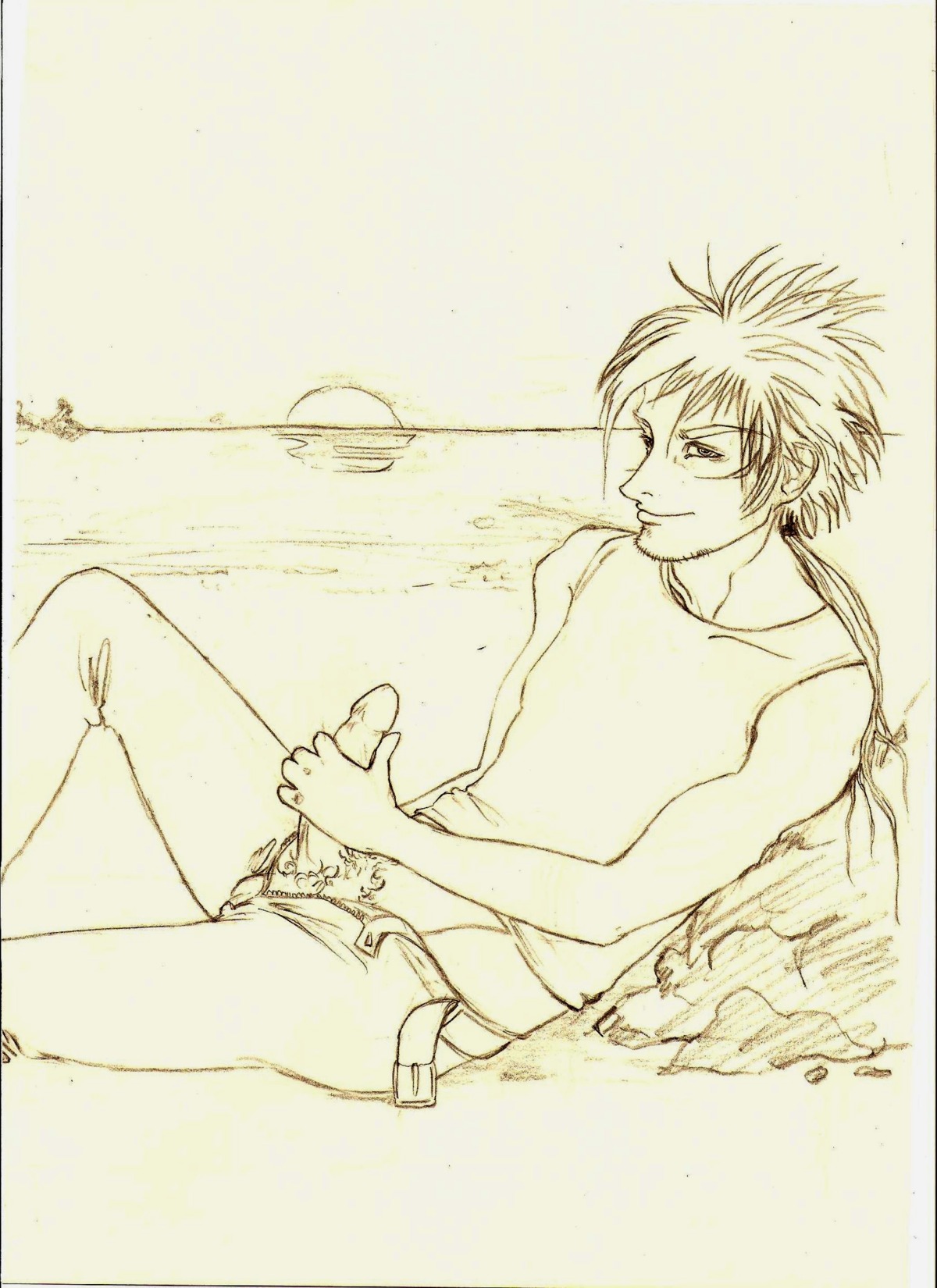 1boy beach final_fantasy final_fantasy_vii kookie male male_only masturbation monochrome ocean penis reno_(ff7) rule34 solo sunset traditional_media
