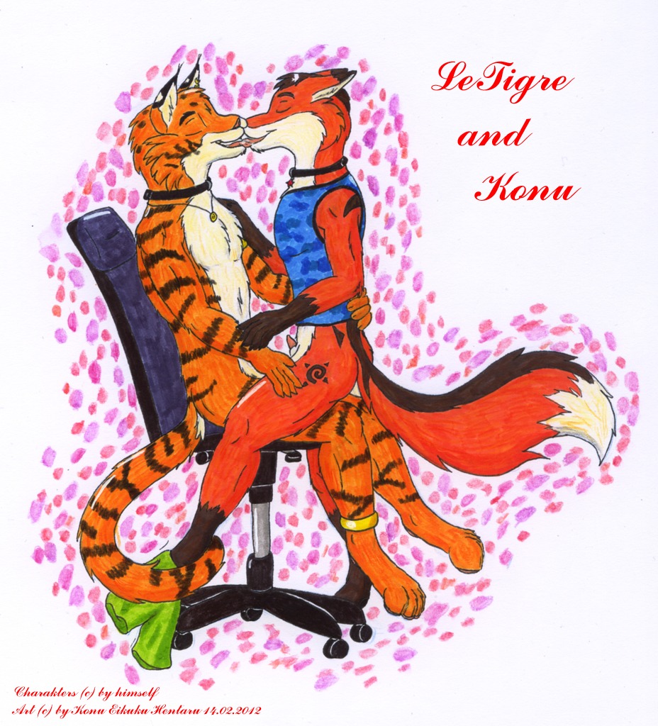 2012 animal_genitalia animal_penis anthro boxers_(clothing) canid canine canine_genitalia canine_penis chair clothing collar duo e621 felid fox furniture genitals kissing konu konu_eikuku_hentaru letigre love male male/male mammal pantherine penis penis_tip pink_penis sheath tail tiger underwear white_sheath xaafw