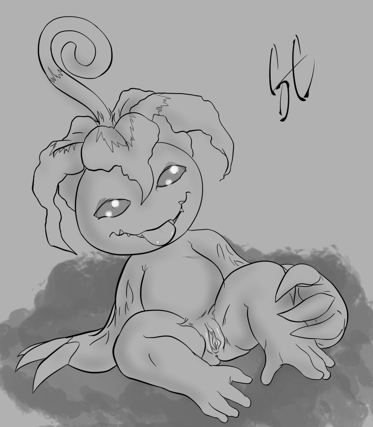 2013 bandai_namco claws digimon digimon_(species) e621 elemental_creature female feral flora_fauna genitals hi_res monochrome palmon plant presenting presenting_vulva simple-creature simple_background solo spread_legs spreading tongue tongue_out vulva
