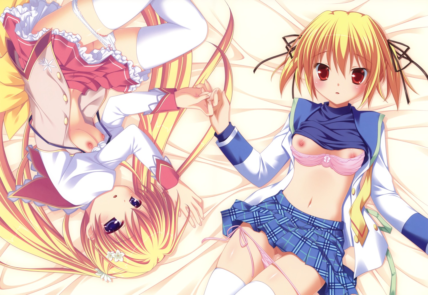 2girls blonde_hair blue_eyes bra breasts clover_point female konohana_matsuri marguerite_sphere multiple_females multiple_girls open_clothes open_shirt panties panty_pull pointy_chin red_eyes rule34 seifuku shirt shirt_lift takanashi_yaya thighhighs underwear yuyi