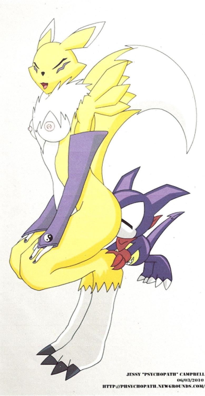 2010 ambiguous_gender anthro archived_source armwear bandai_namco breasts bridal_gauntlets canid canine clothing countershading dated digimon digimon_(species) digital_media_(artwork) dipstick_tail duo e621 eyes_closed female female/ambiguous fur hi_res impmon interspecies larger_female male mammal markings multicolored_body multicolored_fur multicolored_tail oral psychopath renamon sex shortstack shortstack_male size_difference smaller_ambiguous tail tail_markings two_tone_body two_tone_fur two_tone_tail white_body white_fur white_tail yellow_body yellow_fur yellow_tail yin_yang