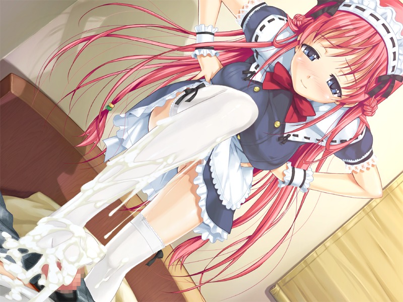 1boy 1girls blue_eyes braid breasts censored cum cum_on_body cum_on_feet cum_on_leg cum_on_lower_body feet female femdom footjob footjob_with_legwear game_cg happoubi_jin kanojo_x_kanojo_x_kanojo large_breasts long_hair looking_down maid male mosaic_censoring naughty_face naughty_smile orifushi_akina penis pink_hair pov ribbon rule34 shiki_haruomi smile standing standing_footjob straight thighhighs