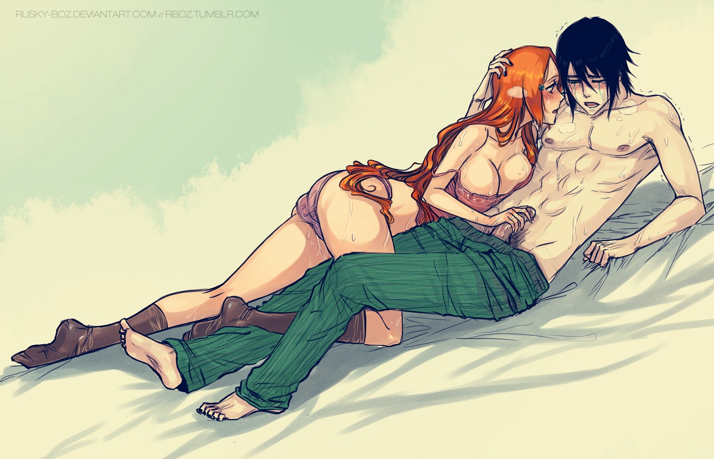 1boy 1girls arrancar bleach espada female inoue_orihime male orange-haired_female orange_hair rule34 rusky tagme ulquiorra_cifer
