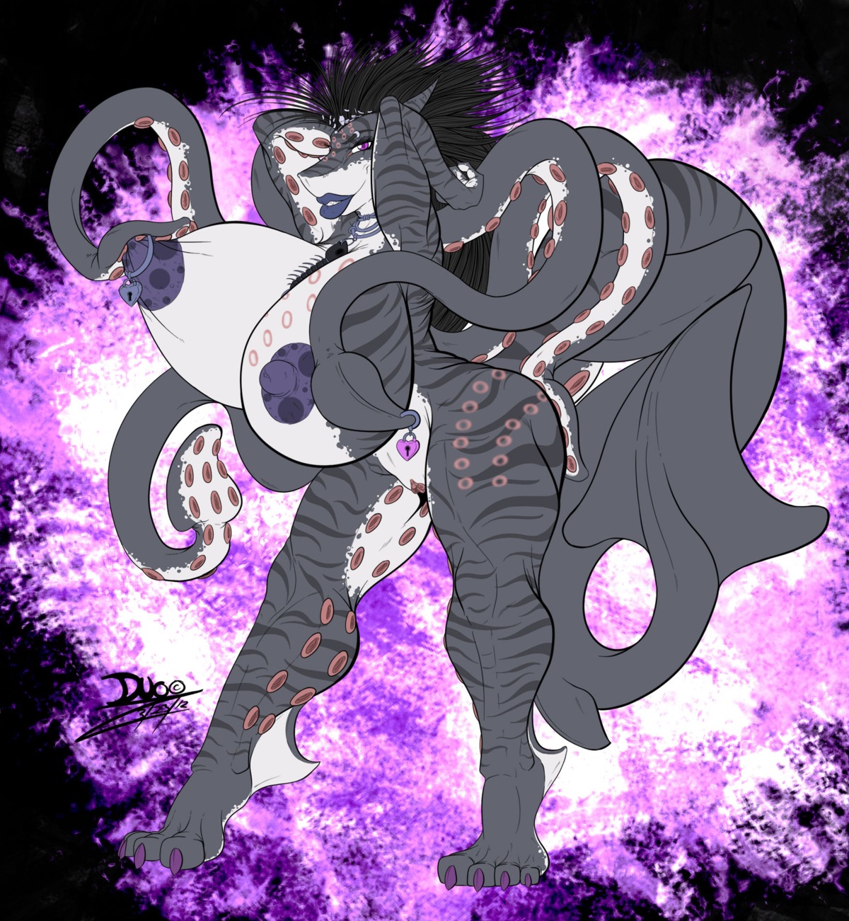anthro aquatic areola back_tentacles big_breasts big_nipples black_hair breasts butt cephalopod clitoris coleoid duo_(artist) e621 eyebrow_piercing eyebrow_ring facial_piercing female fish fur furgonomic_piercing furgonomics genitals grey_body grey_fur hair hi_res huge_breasts hybrid jewelry looking_at_viewer mollusk nails necklace netsuko nipples non-mammal_breasts non-mammal_nipples nude octopodiform piercing purple_eyes ring_piercing shark solo suction_cup tail tentacle_piercing tentacles vulva