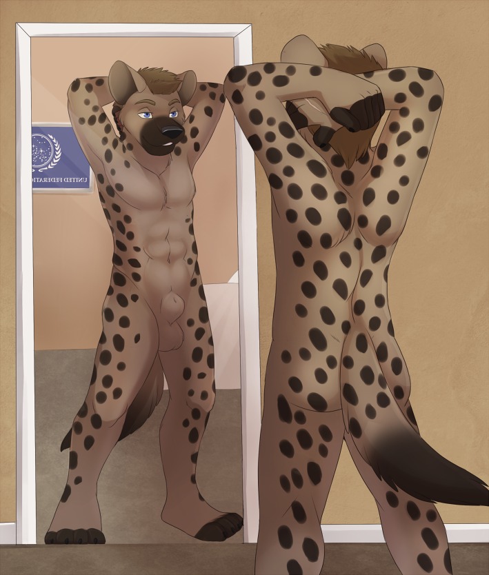 abs animal_genitalia anthro athletic athletic_anthro athletic_male balls biped black_nose blue_eyes brown_hair casual_nudity digital_media_(artwork) e621 fully_sheathed genitals hair hands_behind_head hyena jailbird kinghyena looking_at_mirror looking_at_object male mammal mirror nude rear_view reflection shaded sheath solo spots spotted_hyena standing tail