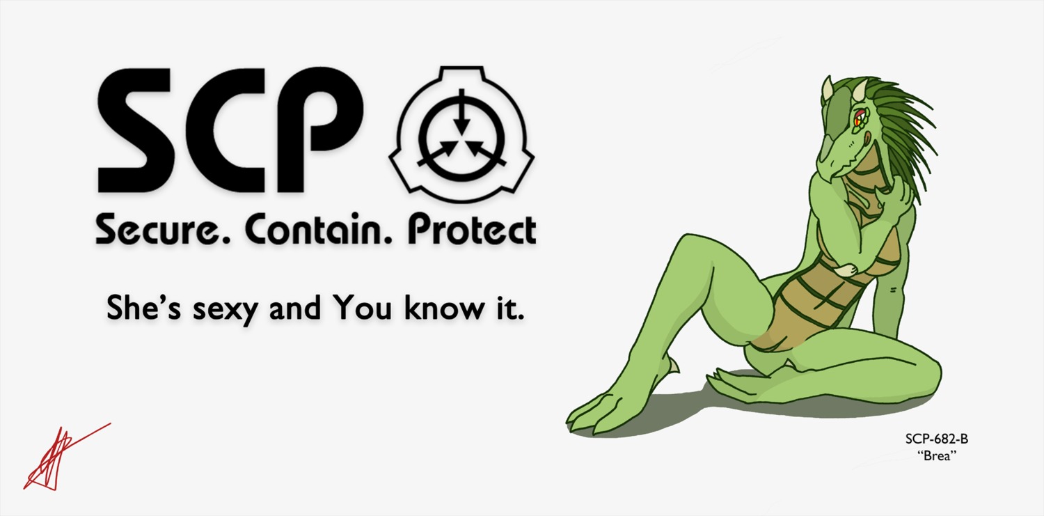 anthro brea breasts copypastepony crossgender e621 english_text female genitals green_body green_hair hair hi_res horn non-mammal_breasts reptile scalie scp-682 scp_foundation signature simple_background solo text vulva white_background