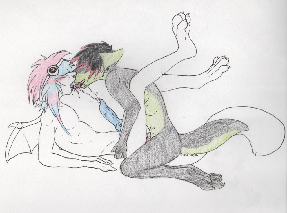 alternative_fashion anal anthro anthro_on_anthro basillicus bat bat_wings black_hair blue_penis blush bodily_fluids canid canine chalky_(basillicus) coontail_hair countershade_face countershade_tail countershade_torso countershading crayon_(artwork) cum cum_in_mouth cum_in_own_mouth cum_in_self cum_inside cum_on_face cum_on_own_face cum_on_self cum_while_penetrated dj_souldwolf duo e621 ejaculation erection eyewear featureless_chest genital_fluids genitals goggles green_body green_countershading hair hair_over_eyes hands-free highlights_(coloring) hybrid kissing kneeling male male/male male_penetrated male_penetrating male_penetrating_male mammal membrane_(anatomy) membranous_wings mixed_media nude pen_(artwork) penetration penis red_highlights scene_(fashion) scene_haircut sex side_view simple_background tail traditional_media_(artwork) white_background white_body white_membrane wings zan