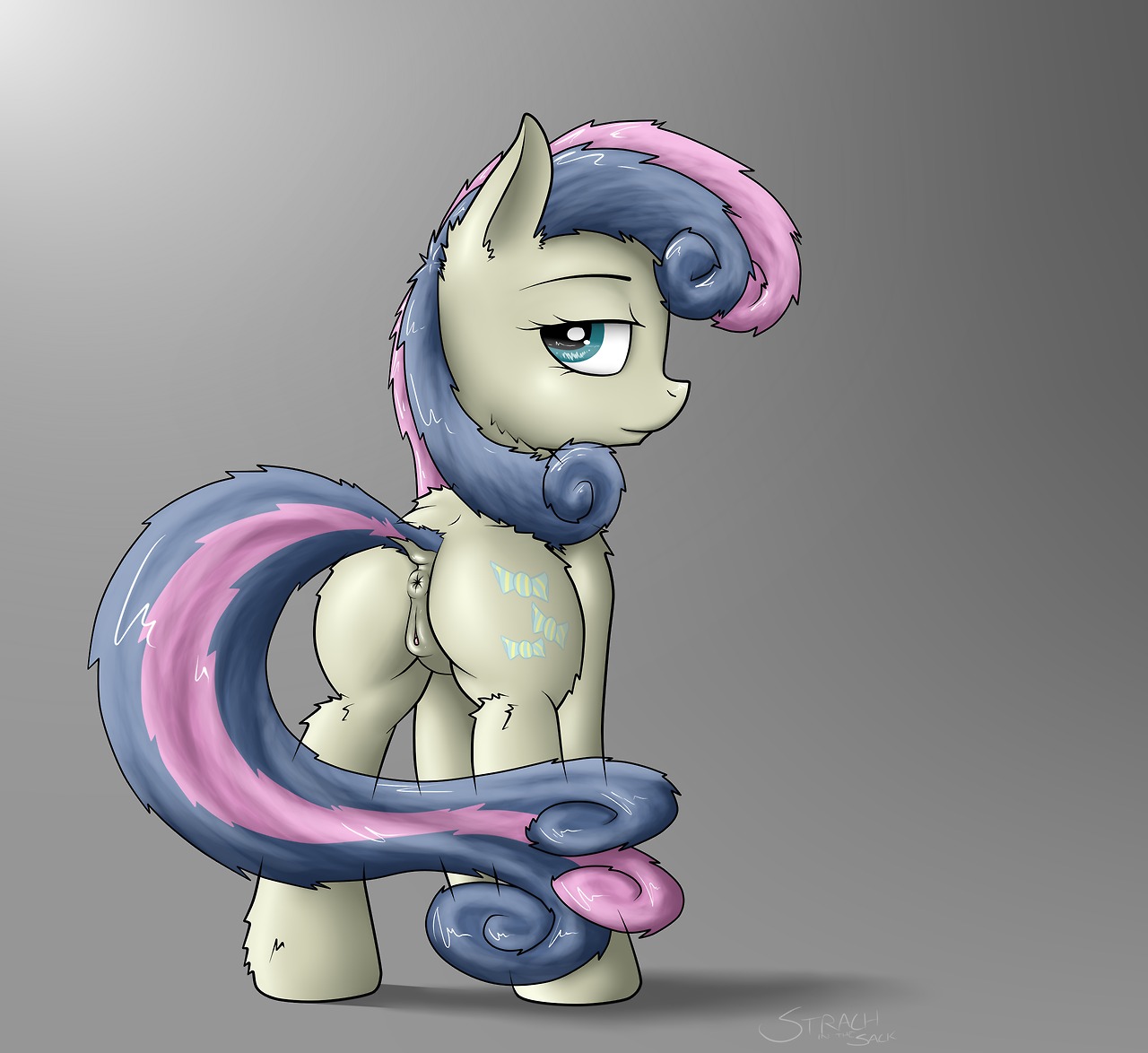 2013 anus bonbon_(mlp) butt cutie_mark e621 earth_pony equid equine female feral fluffy friendship_is_magic genitals grey_background hair half-closed_eyes hasbro horse mammal multicolored_hair my_little_pony narrowed_eyes pony simple_background solo standing strachinthesack two_tone_hair vulva