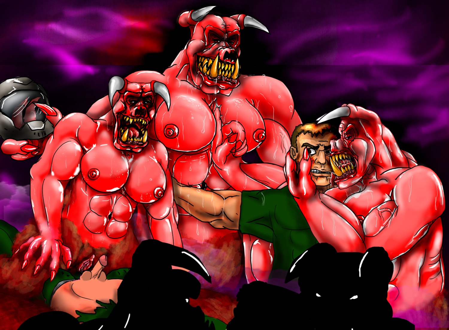 2boys 5girls baron_of_hell_(doom) big_breasts breasts creepy demon doom doom_slayer_(doom) female femdom human humanoid jiggawhat male male_human/female_demon male_human/female_humanoid rule34 straight tagme