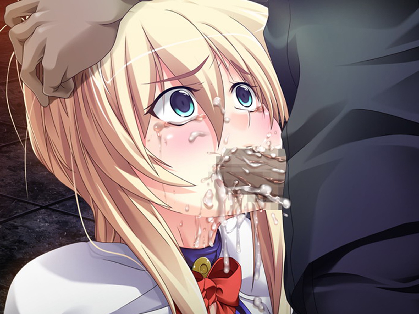 blonde_hair censored cum cum_in_mouth fellatio female forced hand_on_head highres irrumatio male oral penis rule34 tears