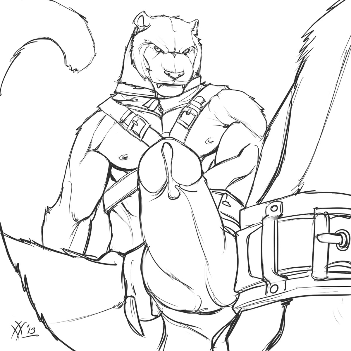 1:1 2013 anthro balls biceps big_muscles bodily_fluids claws clothing cum e621 erection felid genital_fluids genitals hi_res knot male mammal monochrome muscular muscular_anthro muscular_male nude pantherine pecs penis rrowdybeast solo