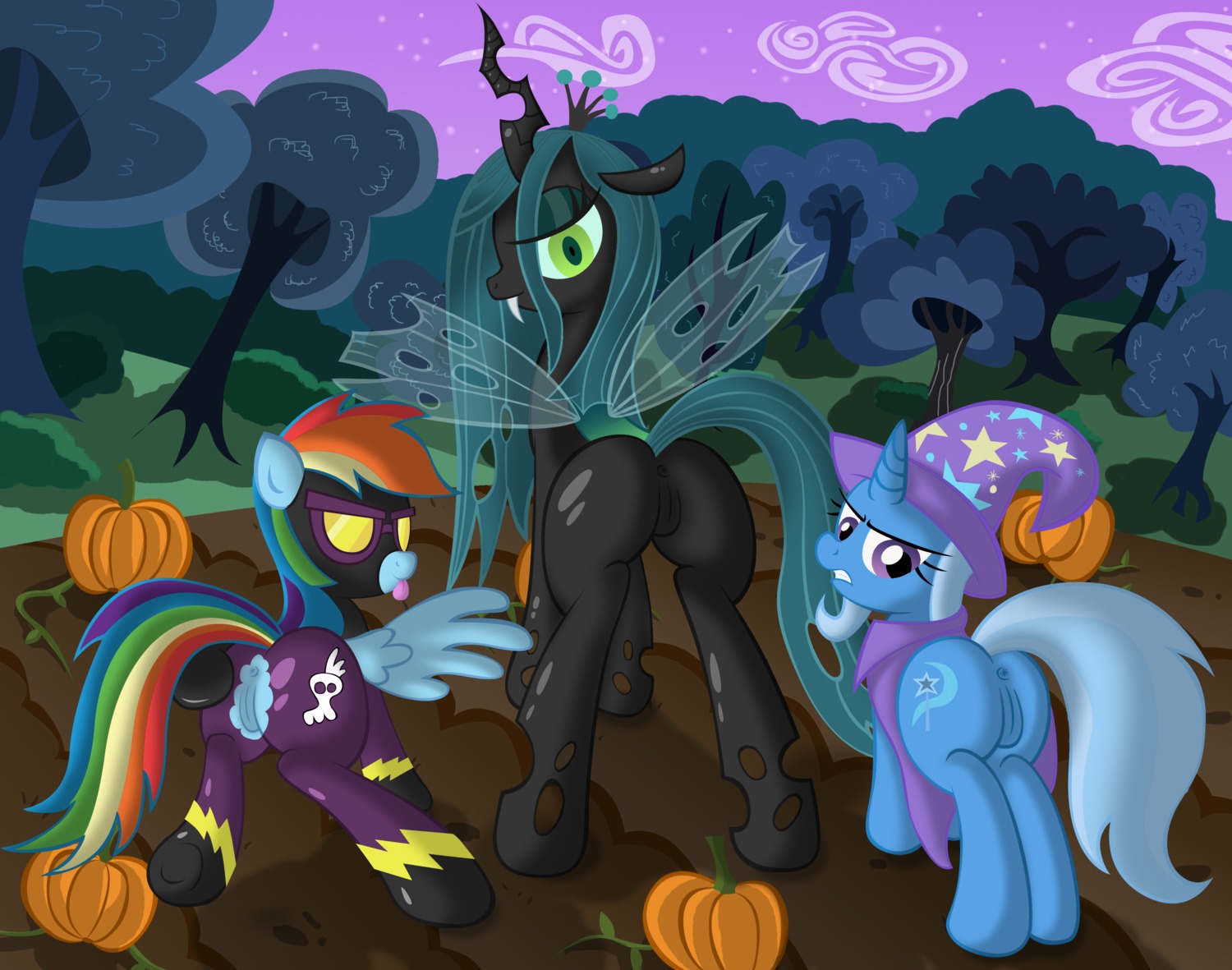 2012 absurd_res anus arthropod blue_body blue_feathers blue_fur butt changeling_(mlp) clothing cloud cutie_mark e621 equid equine feathered_wings feathers female feral food friendship_is_magic fruit fur genitals green_eyes green_hair group hair hasbro hat headgear headwear hi_res horn looking_at_viewer looking_back mammal multicolored_hair multicolored_tail my_little_pony mythological_creature mythological_equine mythology night outside pegasus plant presenting presenting_hindquarters pumpkin purple_eyes queen_chrysalis_(mlp) rainbow_dash_(mlp) rainbow_hair rainbow_tail shadowbolts_(mlp) sky tail tongue tongue_out trixie_(mlp) two_tone_hair unicorn vulva wings wizard_hat ziemniax
