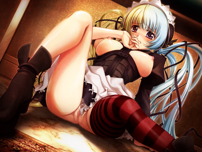 blonde_hair blue_hair blush breasts breasts_out censored color female heterochromia large_breasts maid_headdress monokuro_metal_neko multicolored_hair nipples purple_eyes pussy red_eyes rule34 shikabane_maid_chan_to_kichiku_na_goshujin_sama sitting striped striped_legwear striped_thighhighs thighhighs tied_hair twintails ueda_metawo