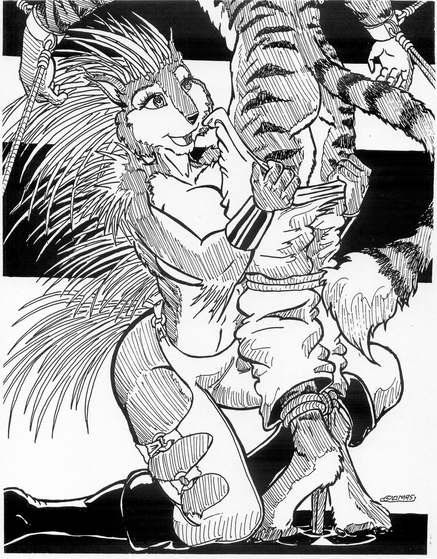 1995 anthro armor big_breasts boots bound bracers breasts chaps clothing dominant dominant_female duo e621 felid female footwear greyscale humanoid_pointy_ears knee_boots knee_highs legwear male mammal monochrome oscar_marcus pantherine pointy_ears porcupine rodent rope shoes submissive submissive_male tail tiger undressing