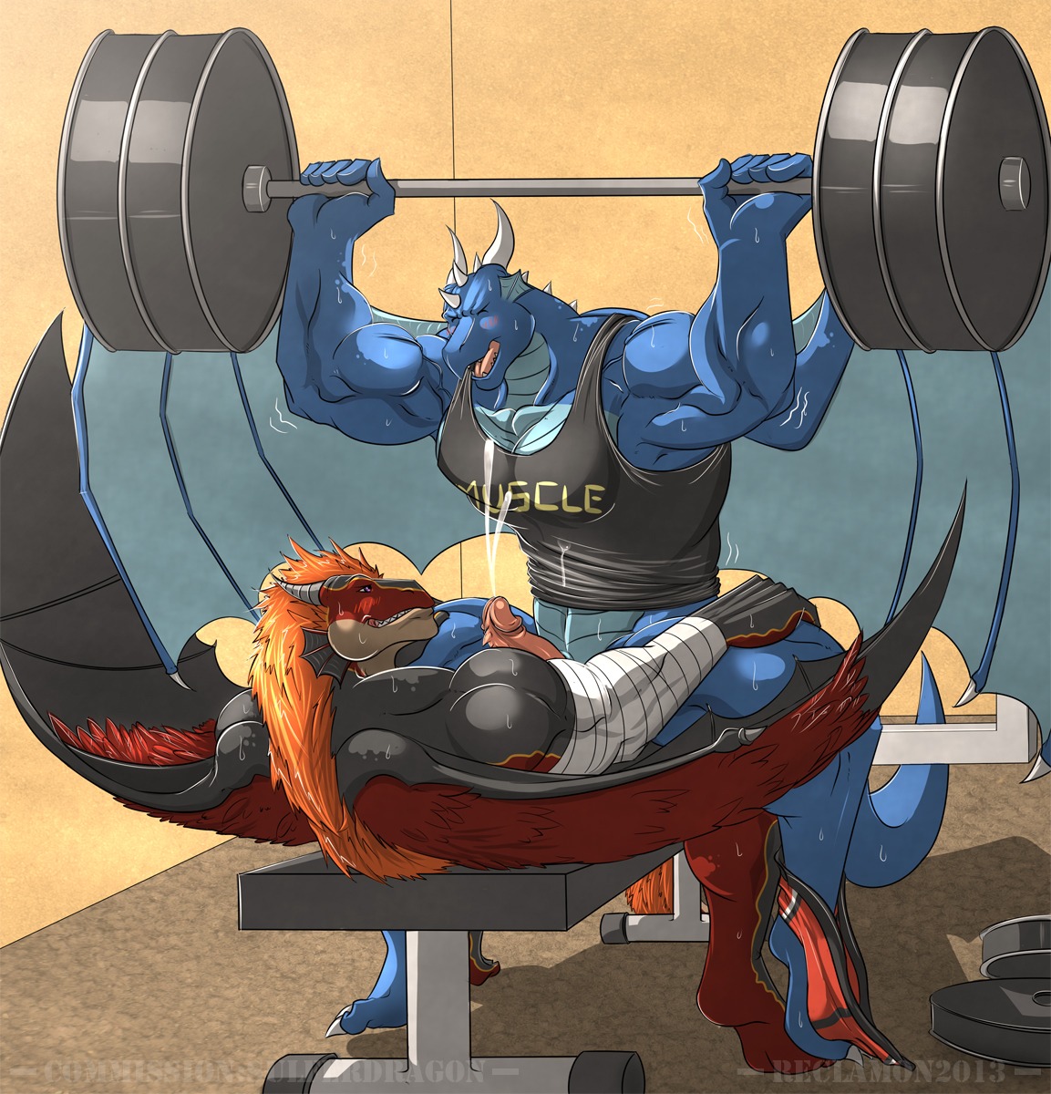 2013 abs anal anal_penetration anthro balls bandage barbell bench biceps big_muscles big_penis blue_body blue_skin blush bodily_fluids bottomless briefs claws clothed clothing cowgirl_position cum cum_while_penetrated cumshot dragon dragonator duo e621 ejaculation erection european_mythology exercise eyes_closed fangs feathered_wings feathers from_front_position genital_fluids genitals grey_body grey_skin grin gym hair hands-free hi_res holding_object horn huge_muscles inside leg_grab lizard lying male male/male male_on_bottom male_on_top male_penetrated male_penetrating male_penetrating_male membrane_(anatomy) membranous_wings muscular muscular_male mythological_creature mythological_scalie mythology nude on_back on_bench on_bottom on_top open_mouth orange_hair orgasm pecs penetration penile_spines penis purple_eyes reclamon red_body red_skin reptile scales scalie sex sexercise shirt sitting smile spread_legs spreading straddling sulfer sweat tail tank_top teeth toe_claws tongue topwear training underwear watermark weight_bench weightlifting weights western_dragon white_horn wings workout