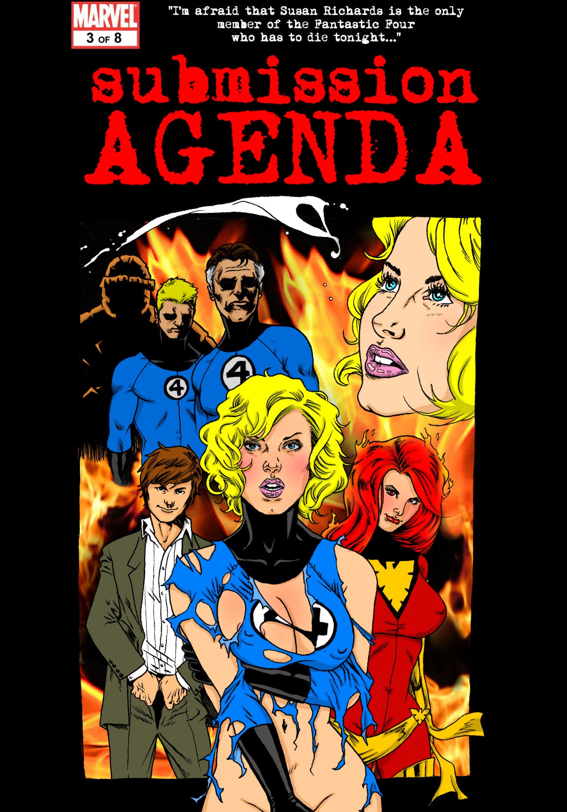 2girls 4boys ben_grimm comic_cover dark_phoenix fantastic_four female human human_torch husband_and_wife invisible_woman jean_grey johnny_storm light-skinned_female light-skinned_male light_skin male marvel marvel_comics mr_fantastic pegasus_(artist) phoenix_(x-men) reed_richards rule34 sue_storm the_thing_(marvel) torn_clothes x-men